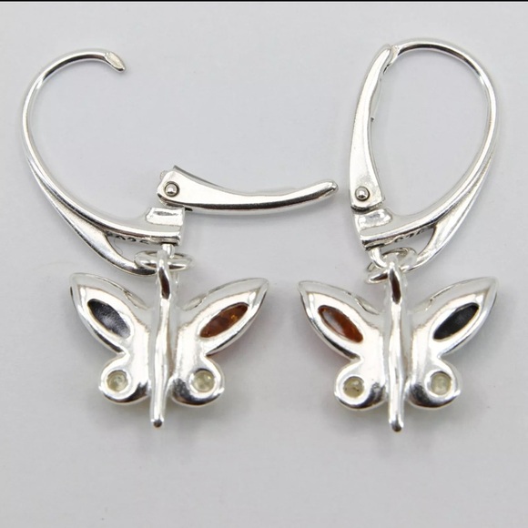 Midwest Amber 925 Sterling Silver dainty butterfly lever back earrings - Picture 2 of 4